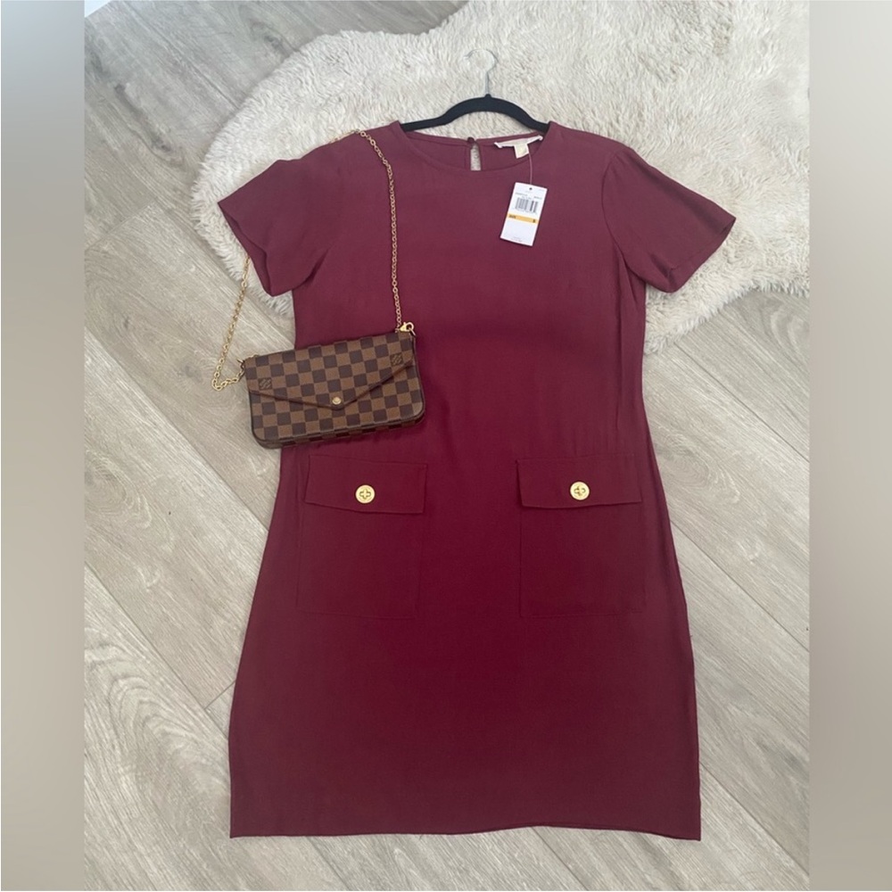 Michael Kors Burgundy Midi Dress with Gold Button Detail